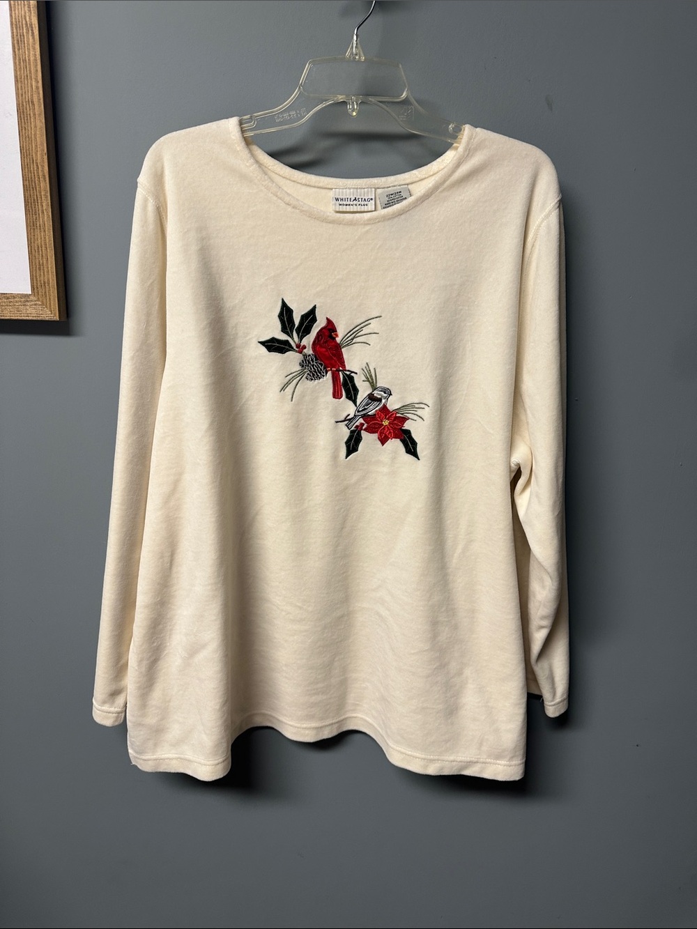 White Stag Cream Long Sleeve Tee with Red Cardinal Embroidery